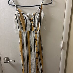 Love Tree Vertical Stripe Button-Front Midi Dress in Mustard, White & Black